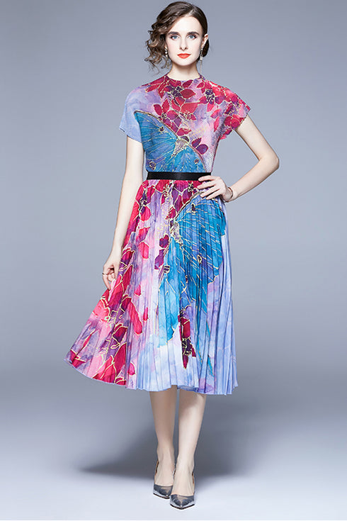 Splashy Vibrant Autumn Fashion Floral 2-Pcs Set, O-Neck Top + Pleated Skirt, Stretchable Fabric, Trendy Office, Holiday, Evening Women Dress